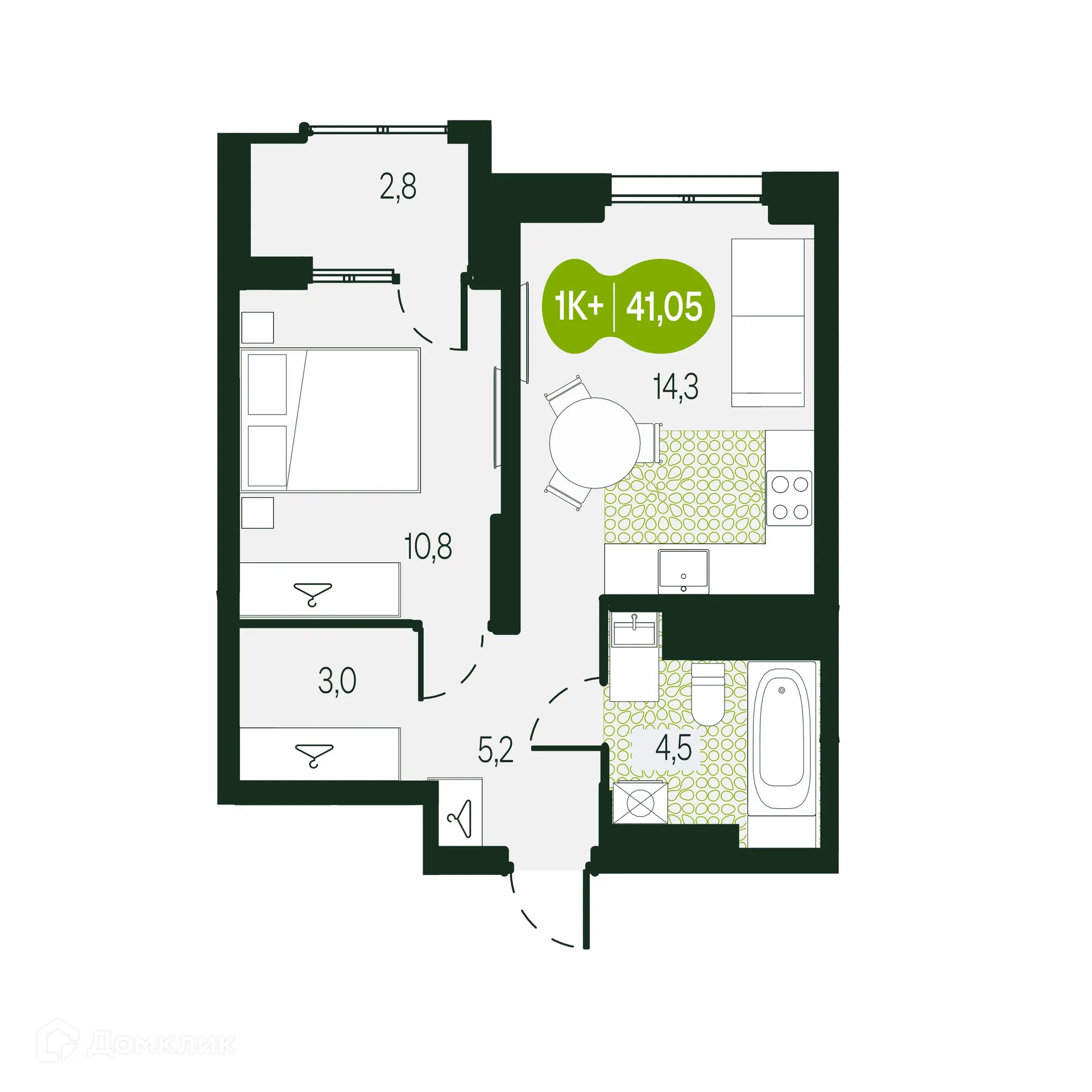 Планировка 2-комнатной квартиры 41.05 м² в ЖК Солнечный Город, г. Чита — фото 1