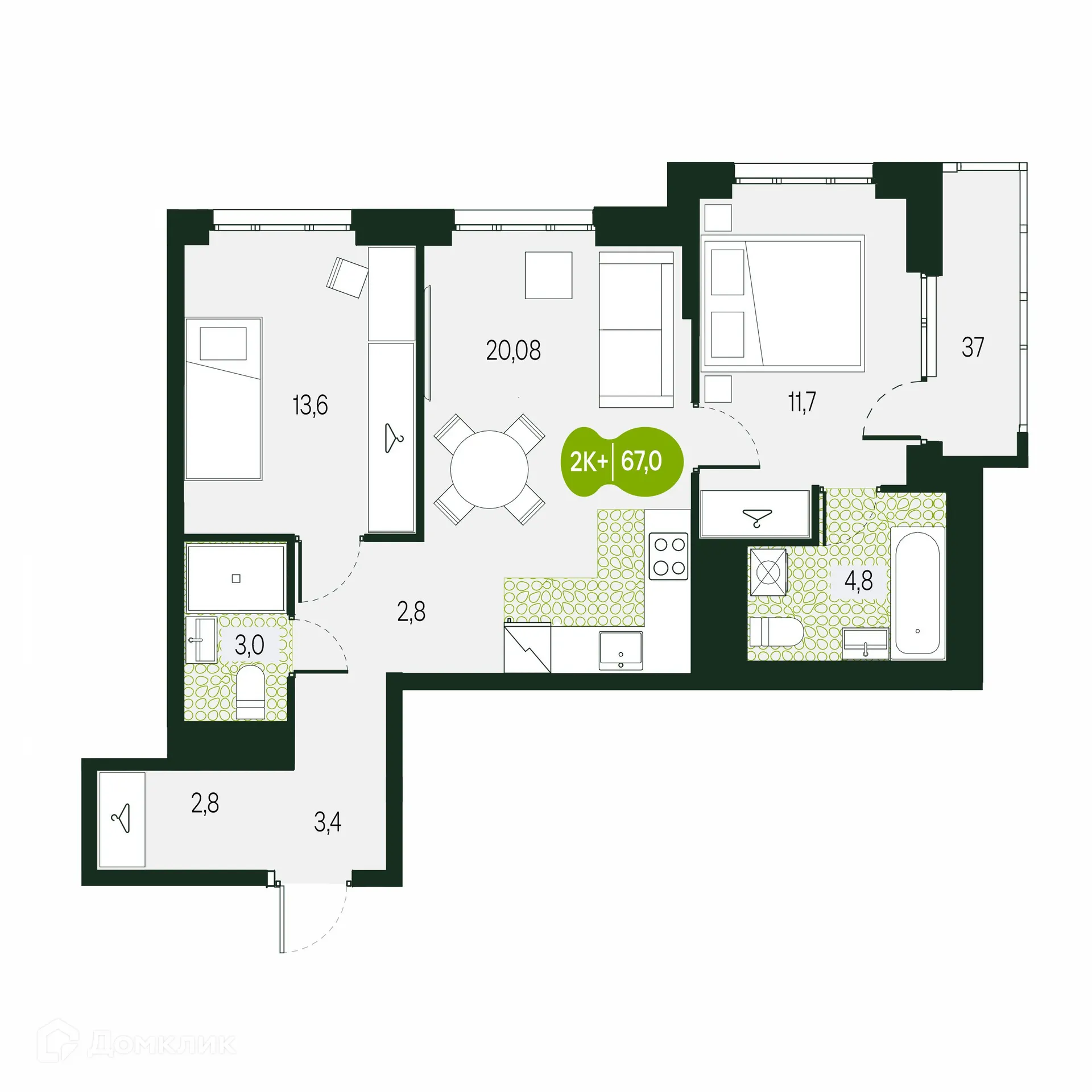 Планировка 3-комнатной квартиры 67 м² в ЖК Солнечный Город, г. Чита — фото 1