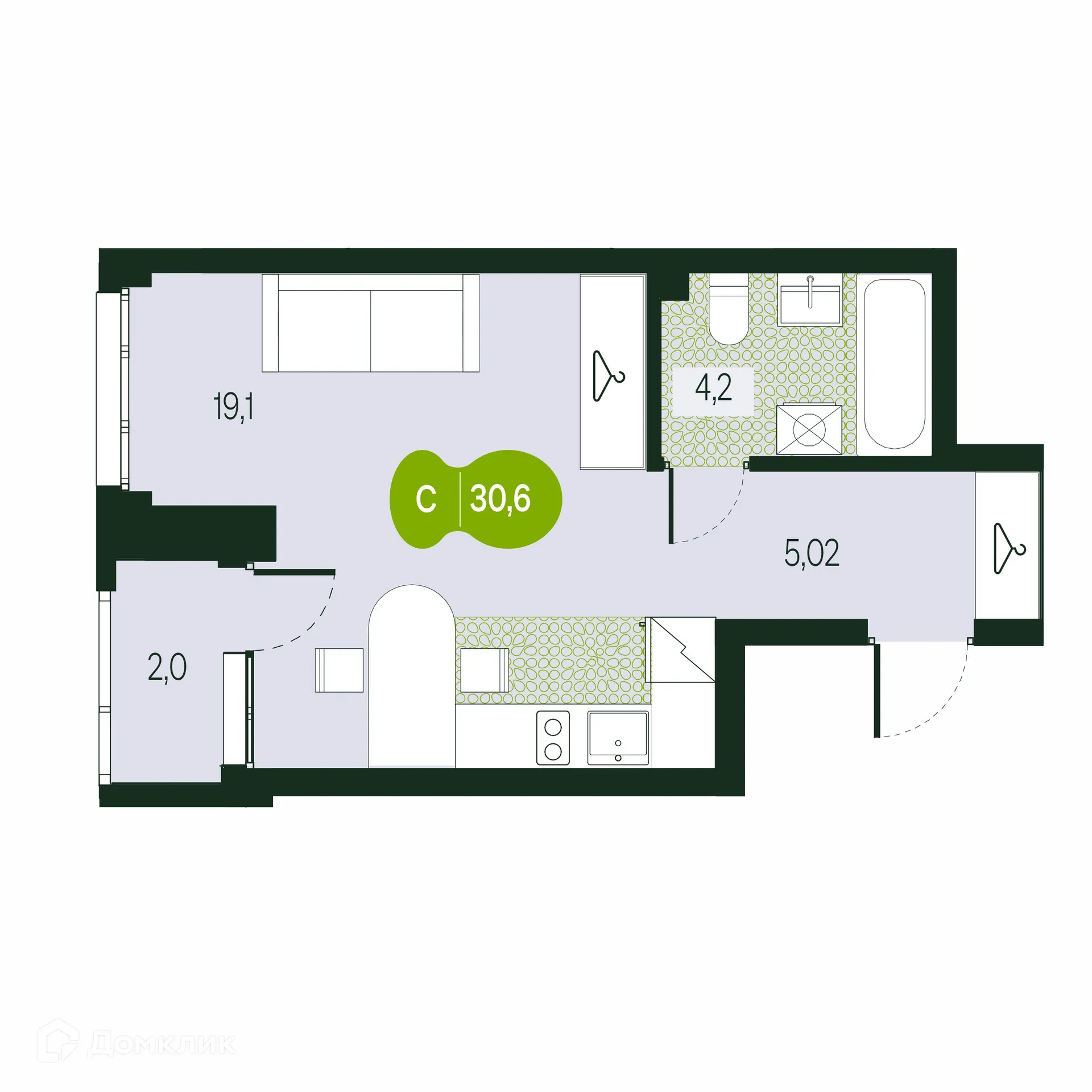 Планировка 1-комнатной квартиры 30.6 м² в ЖК Солнечный Город, г. Чита — фото 1
