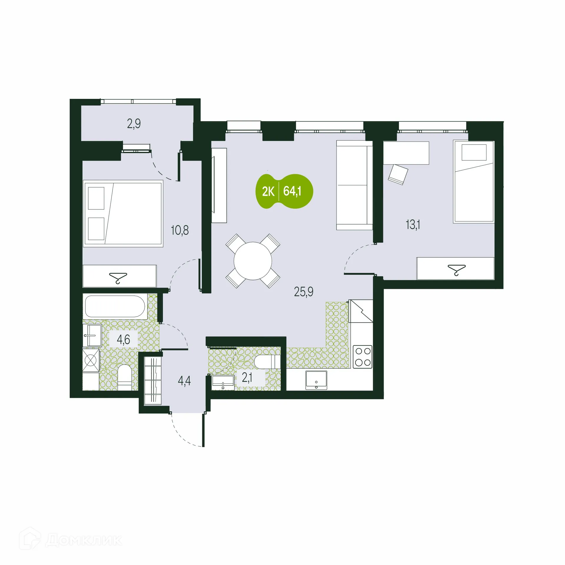 Планировка 3-комнатной квартиры 64.1 м² в ЖК Солнечный Город, г. Чита — фото 1