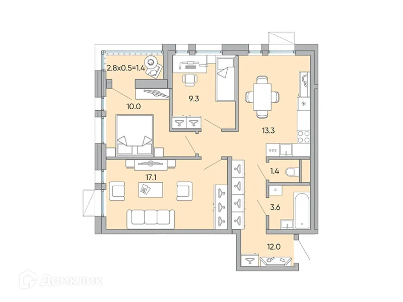 Планировка 3-комнатной квартиры 68.4 м² в ЖК "Хороший", г. Чита — фото 1