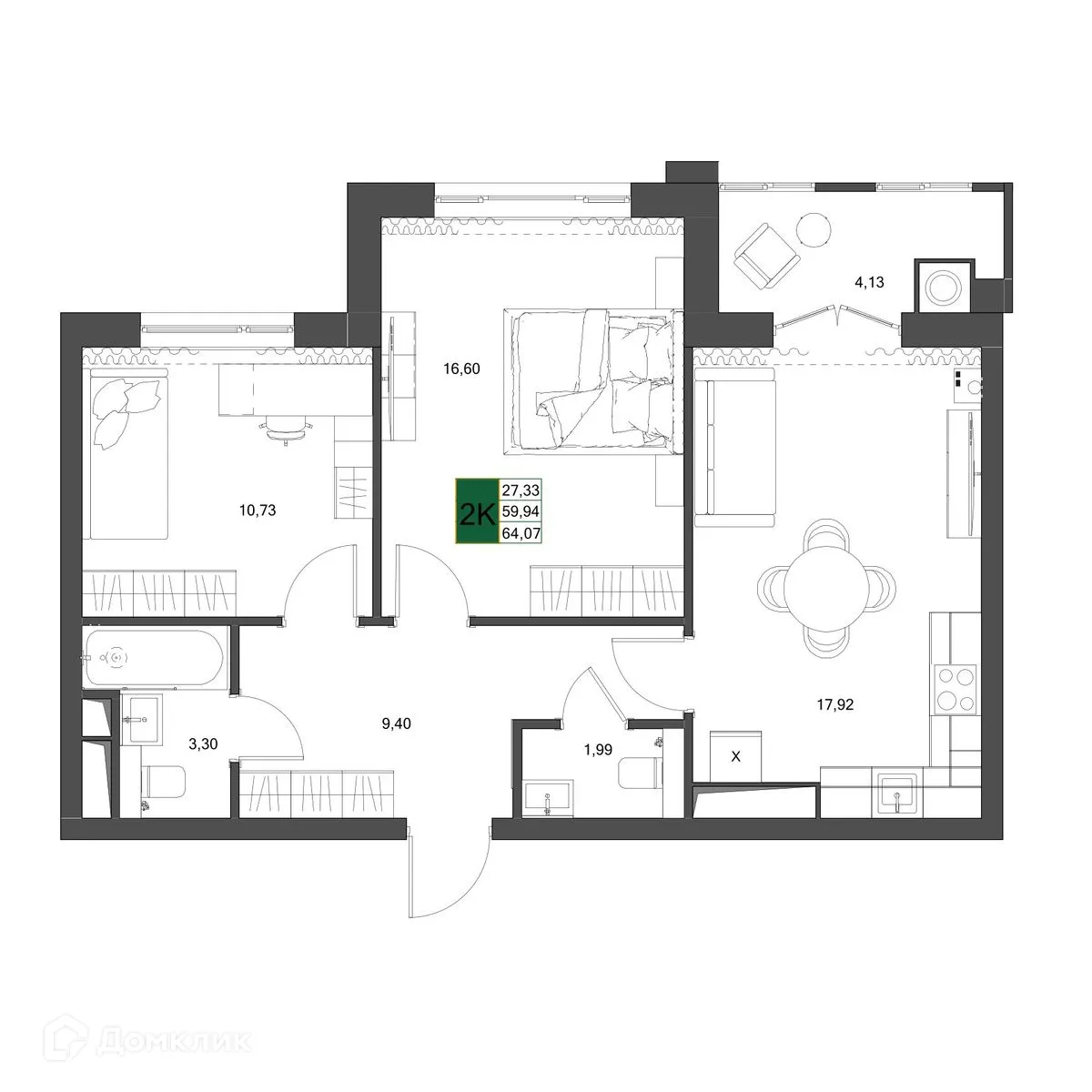 Планировка 2-комнатной квартиры 64.07 м² в ЖК Ривер Парк, г. Рязань — фото 7