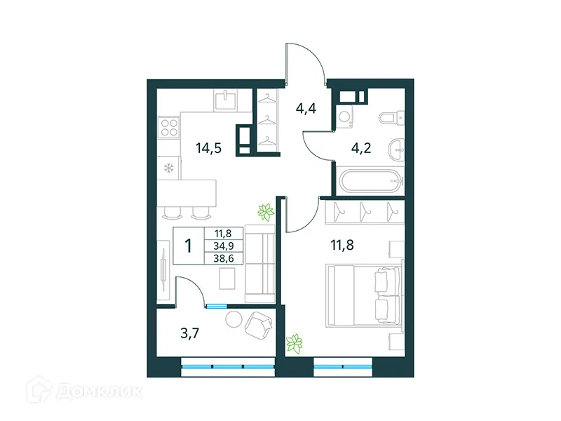Планировка 1-комнатной квартиры 38.6 м² в ЖК "Хороший", г. Чита — фото 1