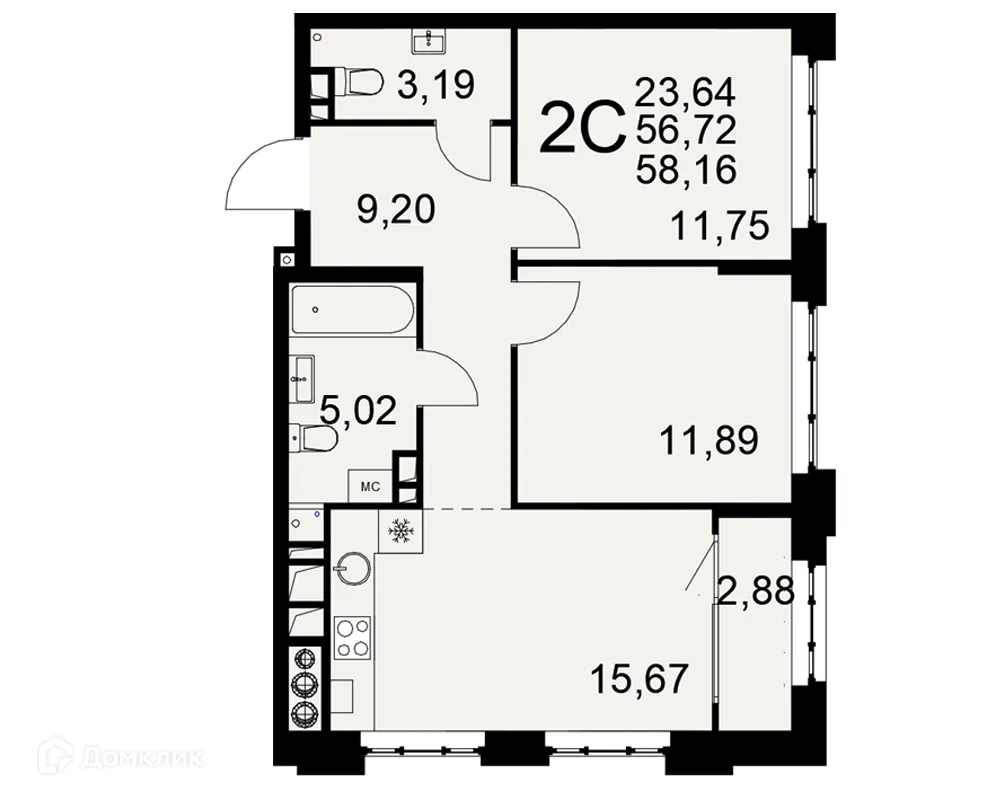Планировка 2-комнатной квартиры 58.16 м² в ЖК «Медиана», г. Рязань — фото 1