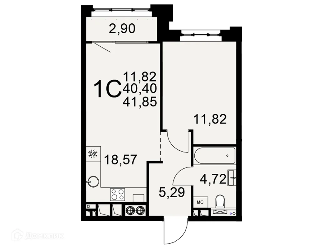 Планировка 1-комнатной квартиры 41.85 м² в ЖК «Медиана», г. Рязань — фото 1