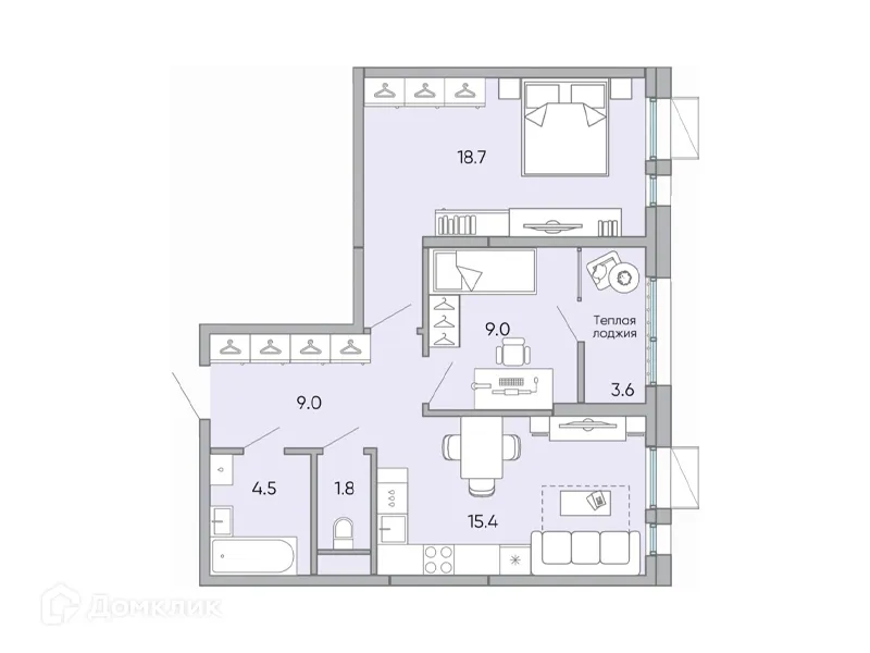Планировка 2-комнатной квартиры 62.4 м² в ЖК "Хороший", г. Чита — фото 1