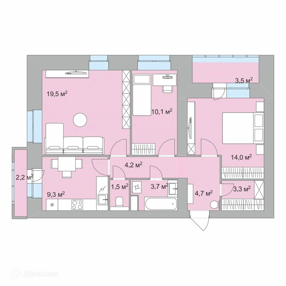Планировка 3-комнатной квартиры 72.9 м² в ЖК "Хороший", г. Чита — фото 1