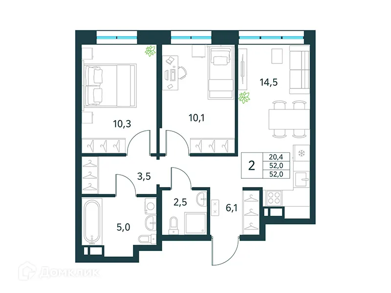 Планировка 2-комнатной квартиры 52 м² в ЖК "Хороший", г. Чита — фото 1