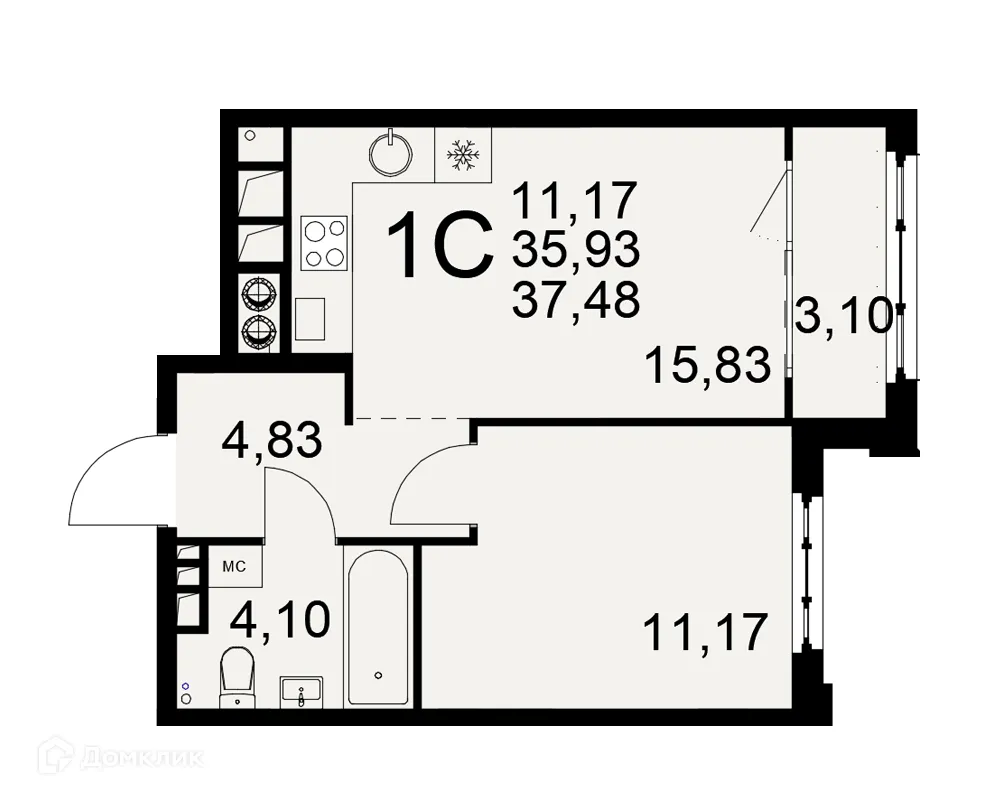 Планировка 1-комнатной квартиры 37.48 м² в ЖК «Медиана», г. Рязань — фото 1
