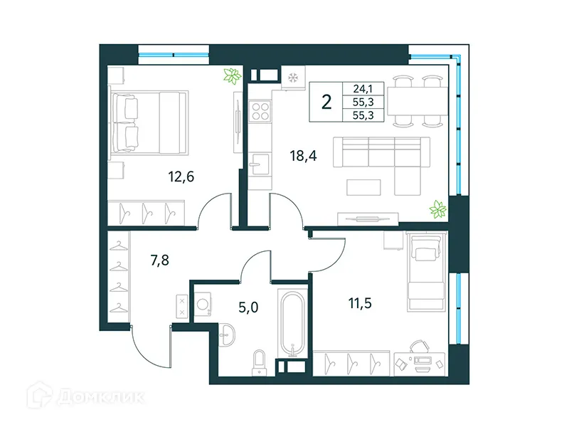 Планировка 2-комнатной квартиры 55.3 м² в ЖК "Хороший", г. Чита — фото 1