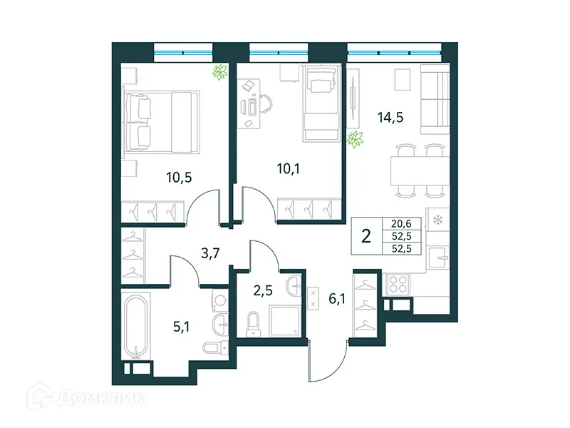 Планировка 2-комнатной квартиры 52.5 м² в ЖК "Хороший", г. Чита — фото 1