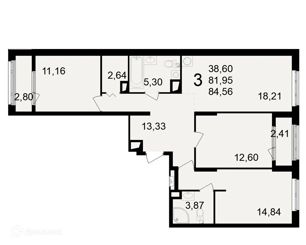 Планировка 3-комнатной квартиры 84.56 м² в ЖК Макроквартал "Свобода", г. Рязань — фото 2