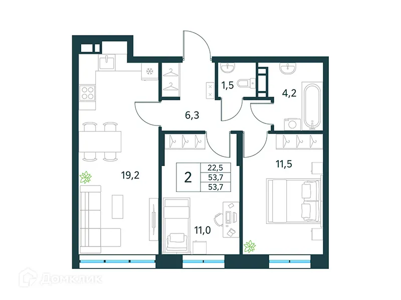 Планировка 2-комнатной квартиры 53.7 м² в ЖК "Хороший", г. Чита — фото 1