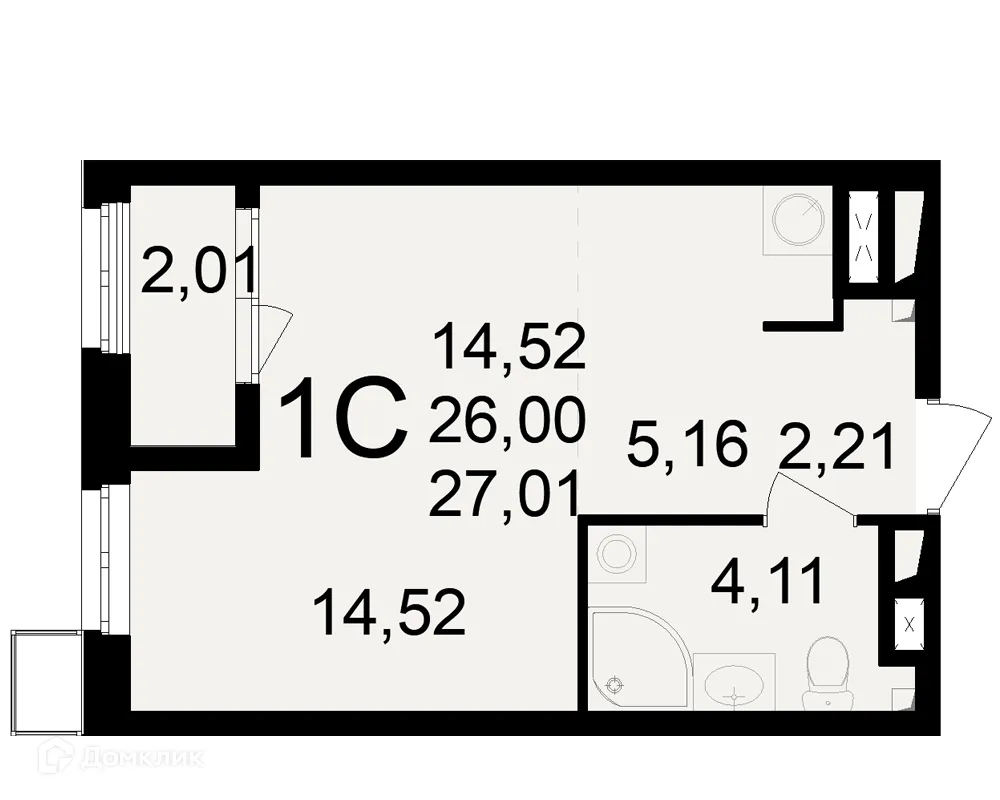 Планировка 1-комнатной квартиры 27.01 м² в ЖК Макроквартал "Свобода", г. Рязань — фото 1