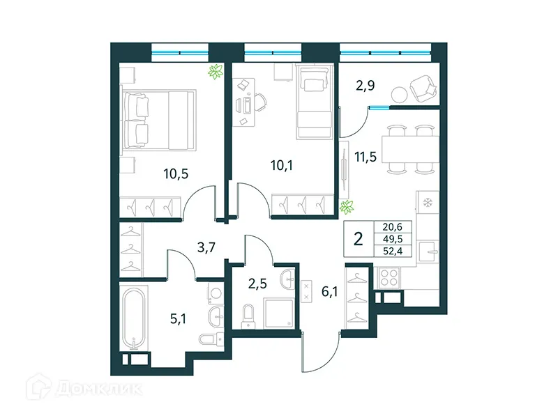 Планировка 2-комнатной квартиры 52.4 м² в ЖК "Хороший", г. Чита — фото 1