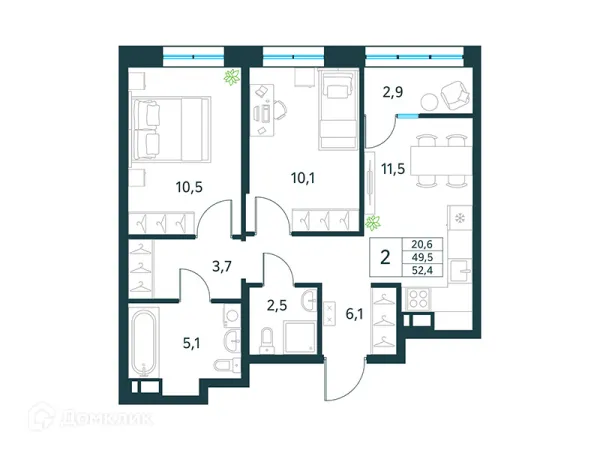 Планировка 2 комн. в ЖК "Хороший"