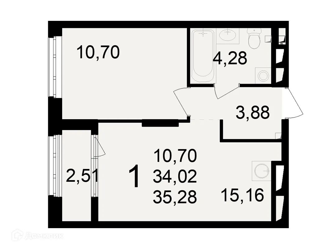 Планировка 1-комнатной квартиры 35.28 м² в ЖК Макроквартал "Свобода", г. Рязань — фото 3