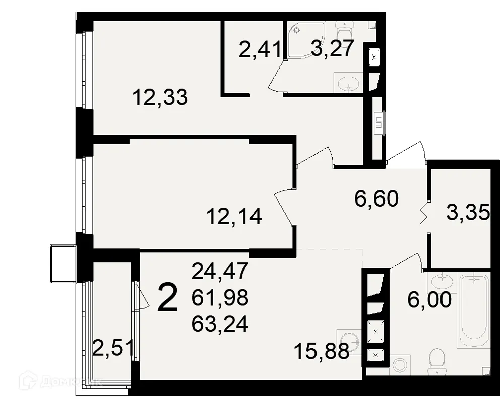 Планировка 2-комнатной квартиры 63.24 м² в ЖК Макроквартал "Свобода", г. Рязань — фото 1