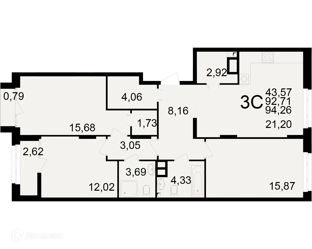 Планировка 3-комнатной квартиры 94.26 м² в ЖК Аура, г. Рязань — фото 1