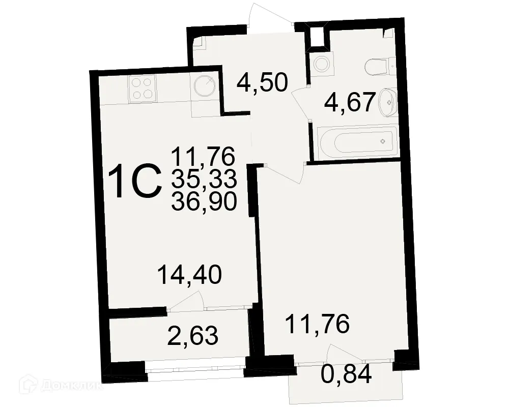 Планировка 1-комнатной квартиры 36.9 м² в ЖК Аура, г. Рязань — фото 1