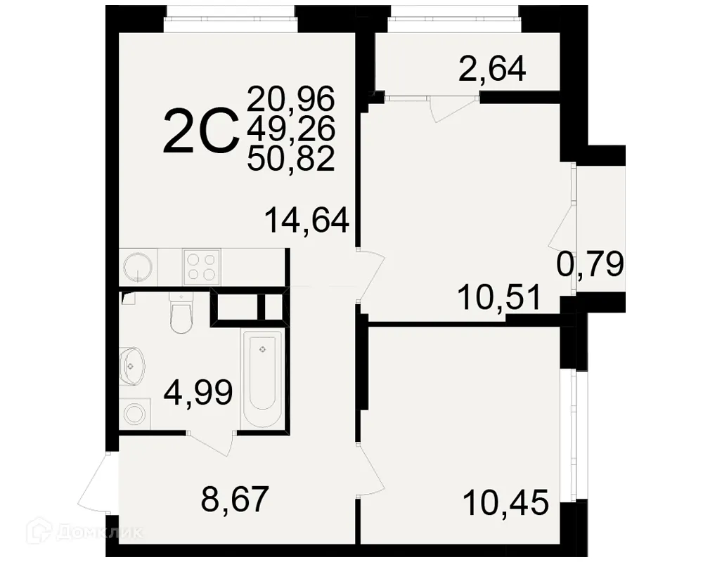 Планировка 2-комнатной квартиры 50.82 м² в ЖК Аура, г. Рязань — фото 1