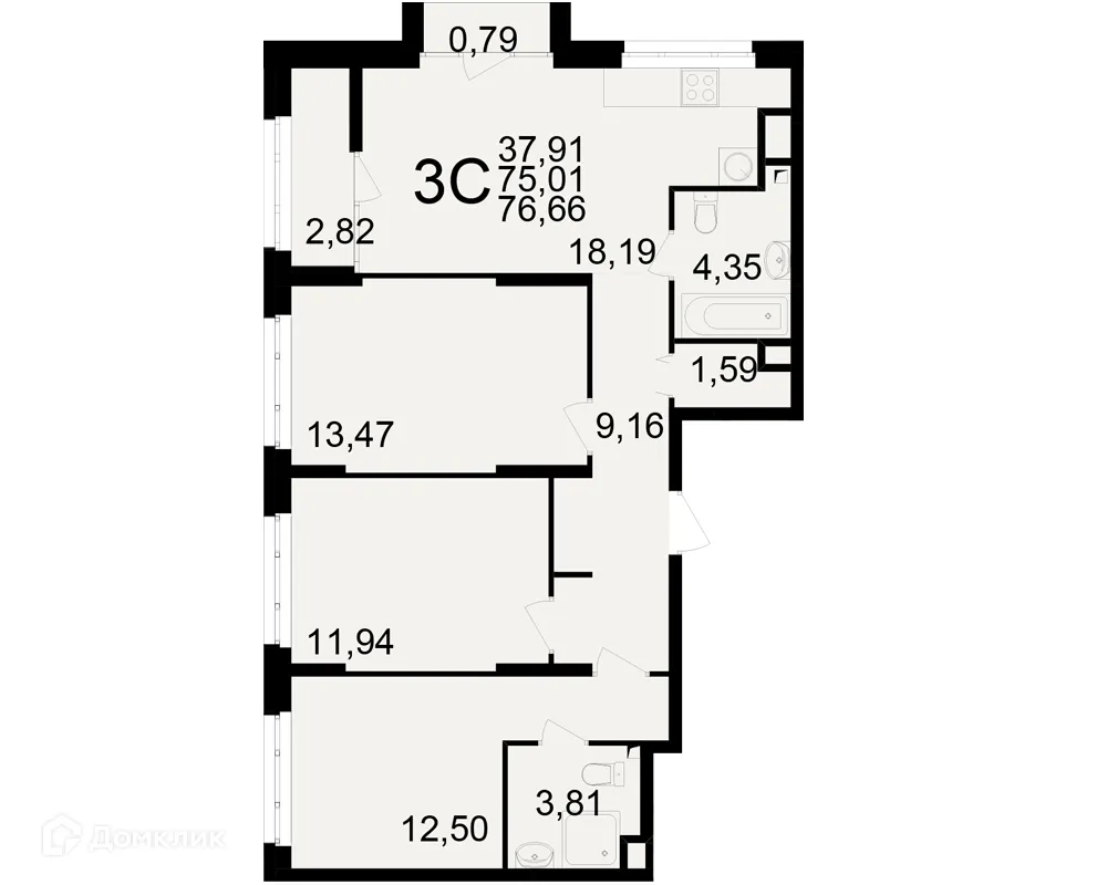 Планировка 3-комнатной квартиры 76.66 м² в ЖК Аура, г. Рязань — фото 1