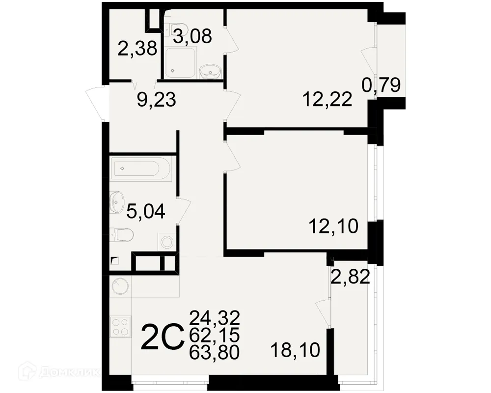 Планировка 2-комнатной квартиры 63.8 м² в ЖК Аура, г. Рязань — фото 1