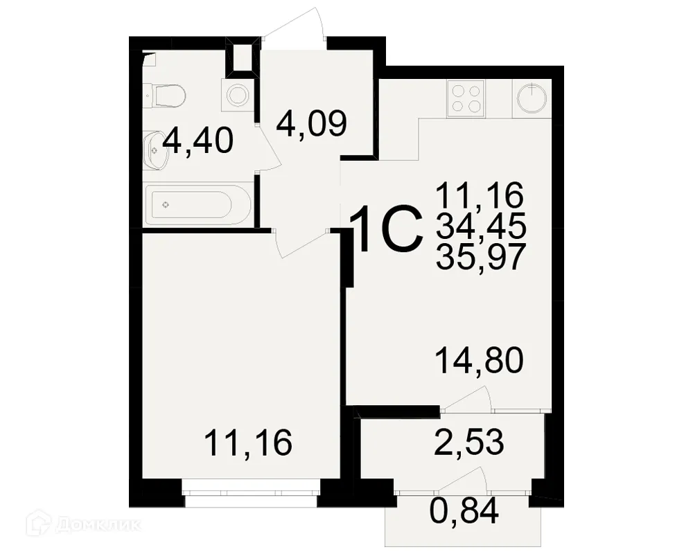 Планировка 1-комнатной квартиры 35.97 м² в ЖК Аура, г. Рязань — фото 1