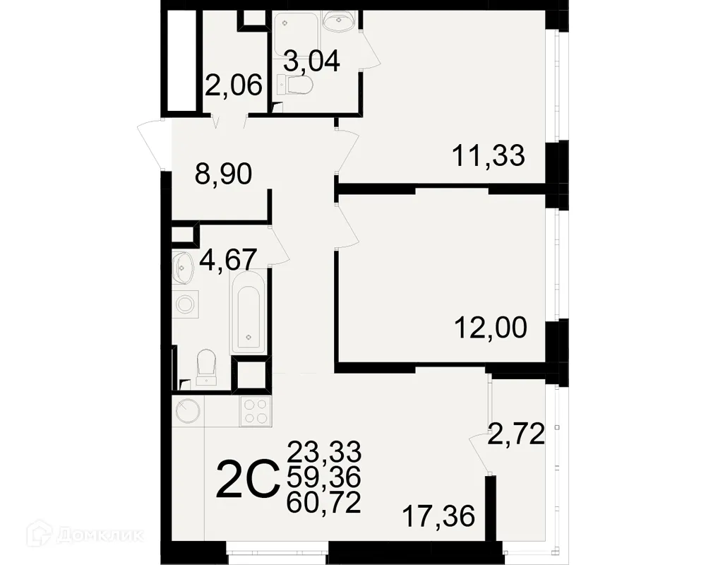 Планировка 2-комнатной квартиры 60.72 м² в ЖК Аура, г. Рязань — фото 1