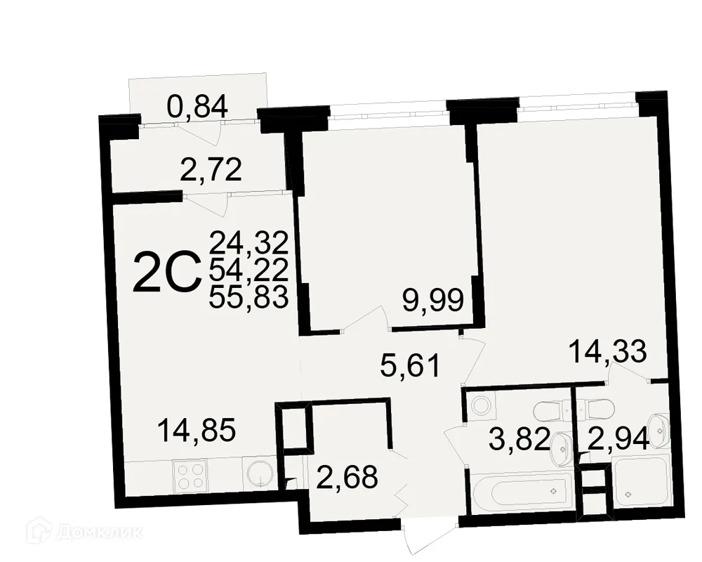Планировка 2-комнатной квартиры 55.83 м² в ЖК Аура, г. Рязань — фото 1