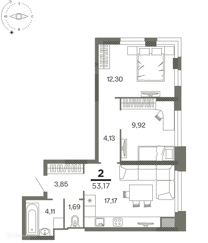 Планировка 2-комнатной квартиры 53.17 м² в ЖК "Северный", г. Рязань — фото 1