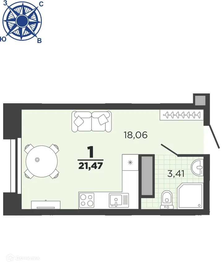 Планировка 1-комнатной квартиры 21.47 м² в ЖК "Северный", г. Рязань — фото 1