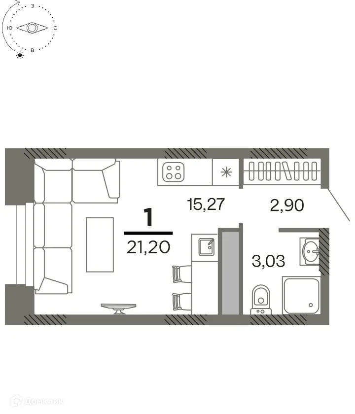 Планировка 1-комнатной квартиры 21.2 м² в ЖК "Северный", г. Рязань — фото 1