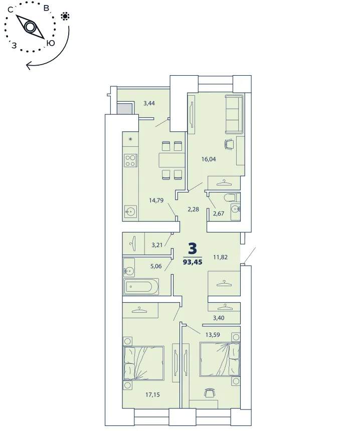 Планировка 3-комнатной квартиры 93.45 м² в ЖК "Бирюзова Парк", г. Рязань — фото 1