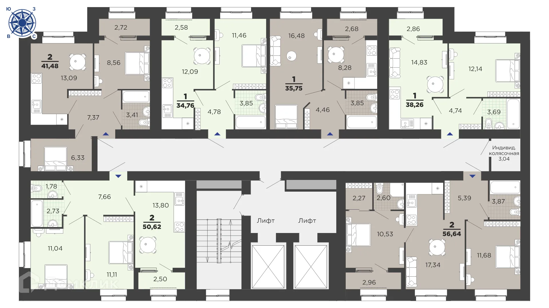 Планировка 2-комнатной квартиры 50.62 м² в ЖК "Юный", г. Рязань — фото 2