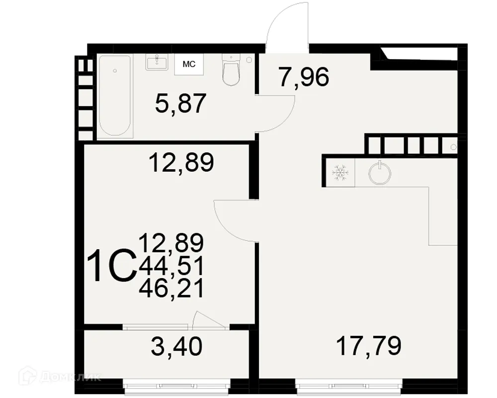 Планировка 1-комнатной квартиры 46.21 м² в ЖК Радости жизни, г. Рязань — фото 2