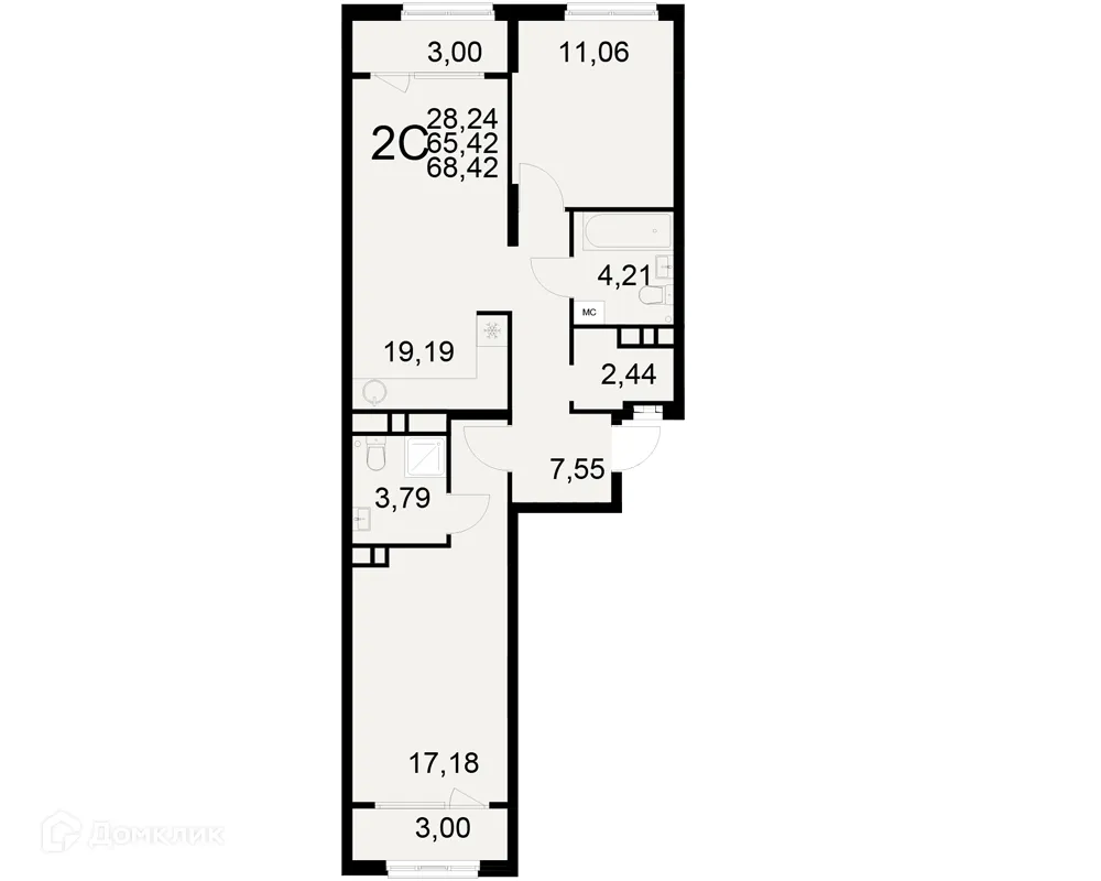 Планировка 2-комнатной квартиры 68.42 м² в ЖК Радости жизни, г. Рязань — фото 1
