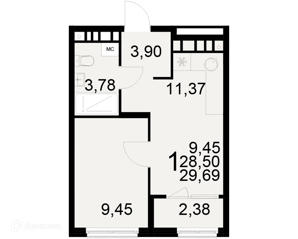 Планировка 1-комнатной квартиры 29.69 м² в ЖК Радости жизни, г. Рязань — фото 2