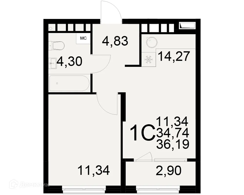 Планировка 1-комнатной квартиры 36.19 м² в ЖК Радости жизни, г. Рязань — фото 2