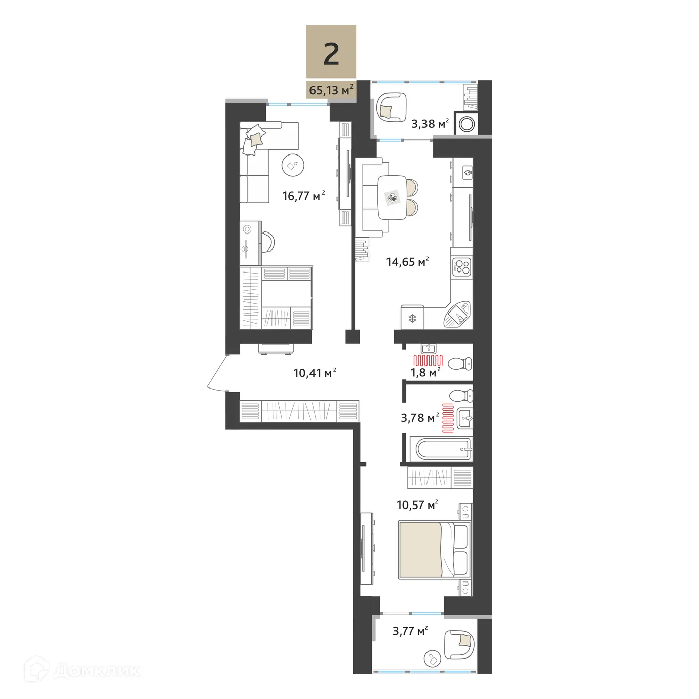 Планировка 2-комнатной квартиры 61.56 м² в ЖК Ривьера 2, г. Рязань — фото 2