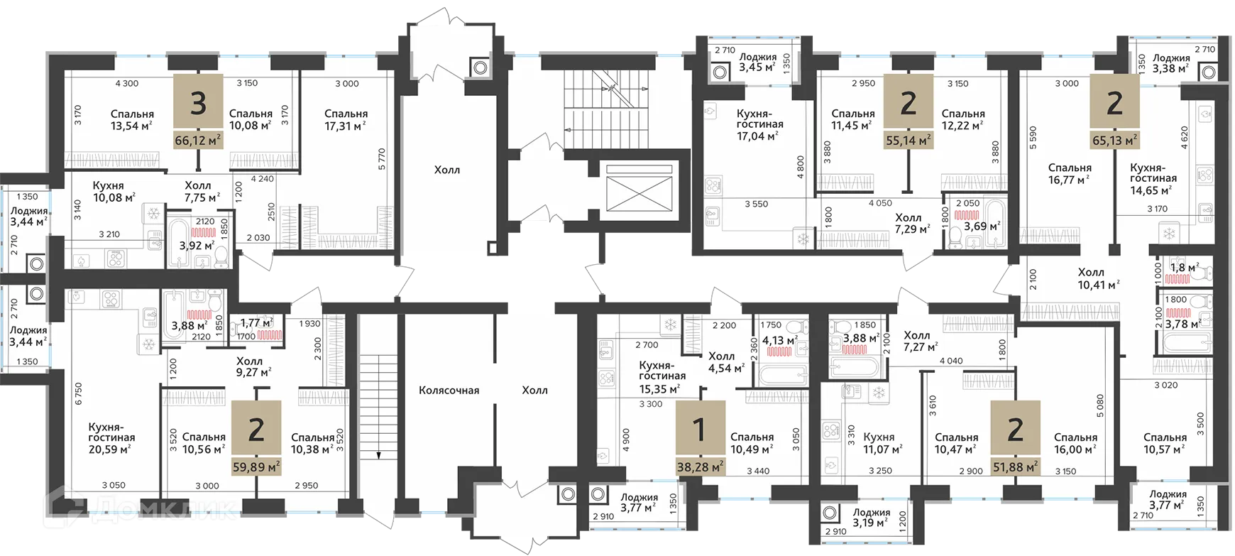 Планировка 3-комнатной квартиры 64.4 м² в ЖК Ривьера 2, г. Рязань — фото 3
