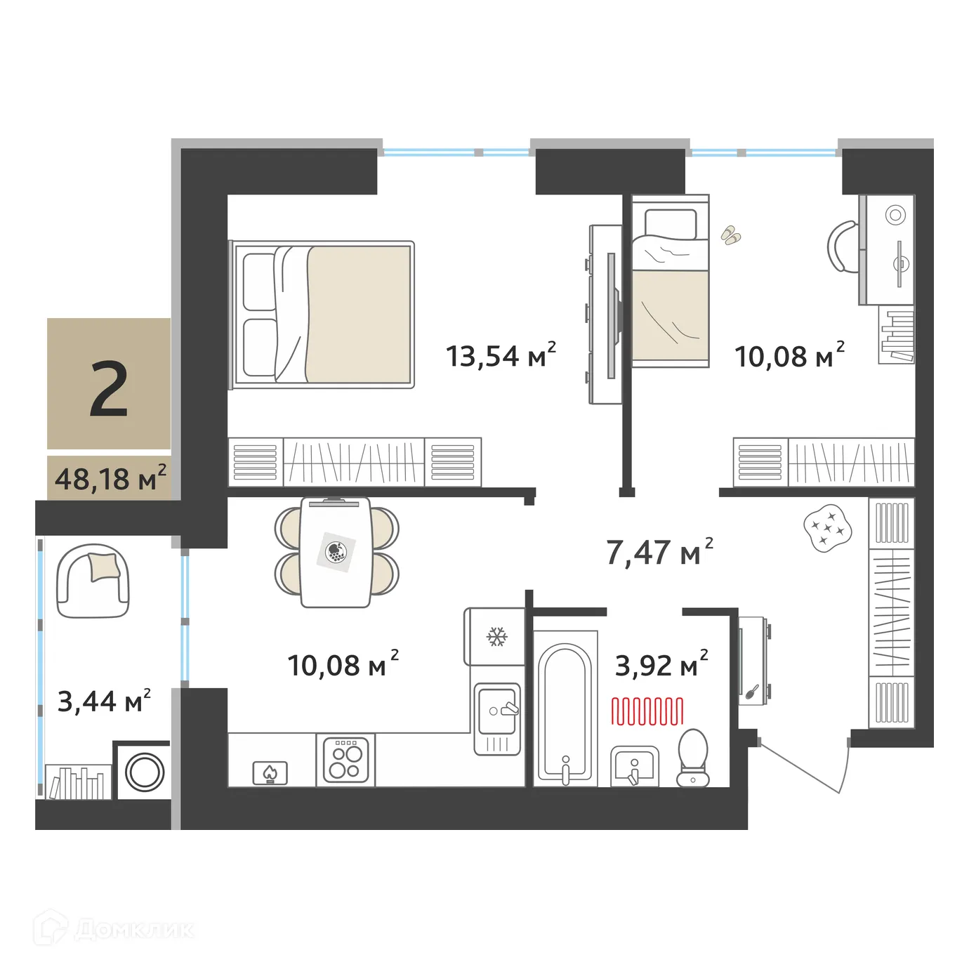 Планировка 2-комнатной квартиры 46.46 м² в ЖК Ривьера 2, г. Рязань — фото 2