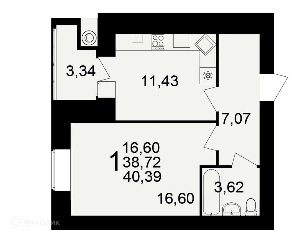 Планировка 1-комнатной квартиры 40.39 м² в ЖК Видный, г. Рязань — фото 1