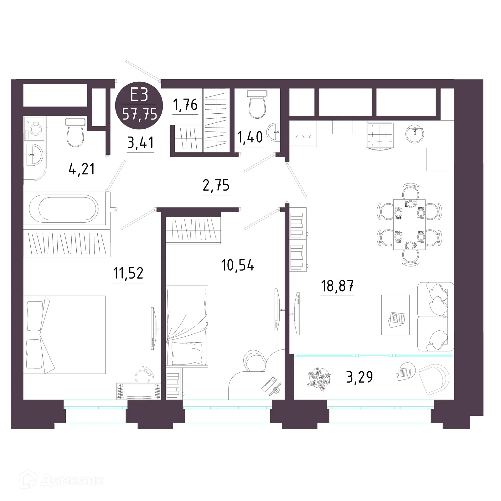 Планировка 2-комнатной квартиры 57.75 м² в ЖК Крылья, г. Рязань — фото 3