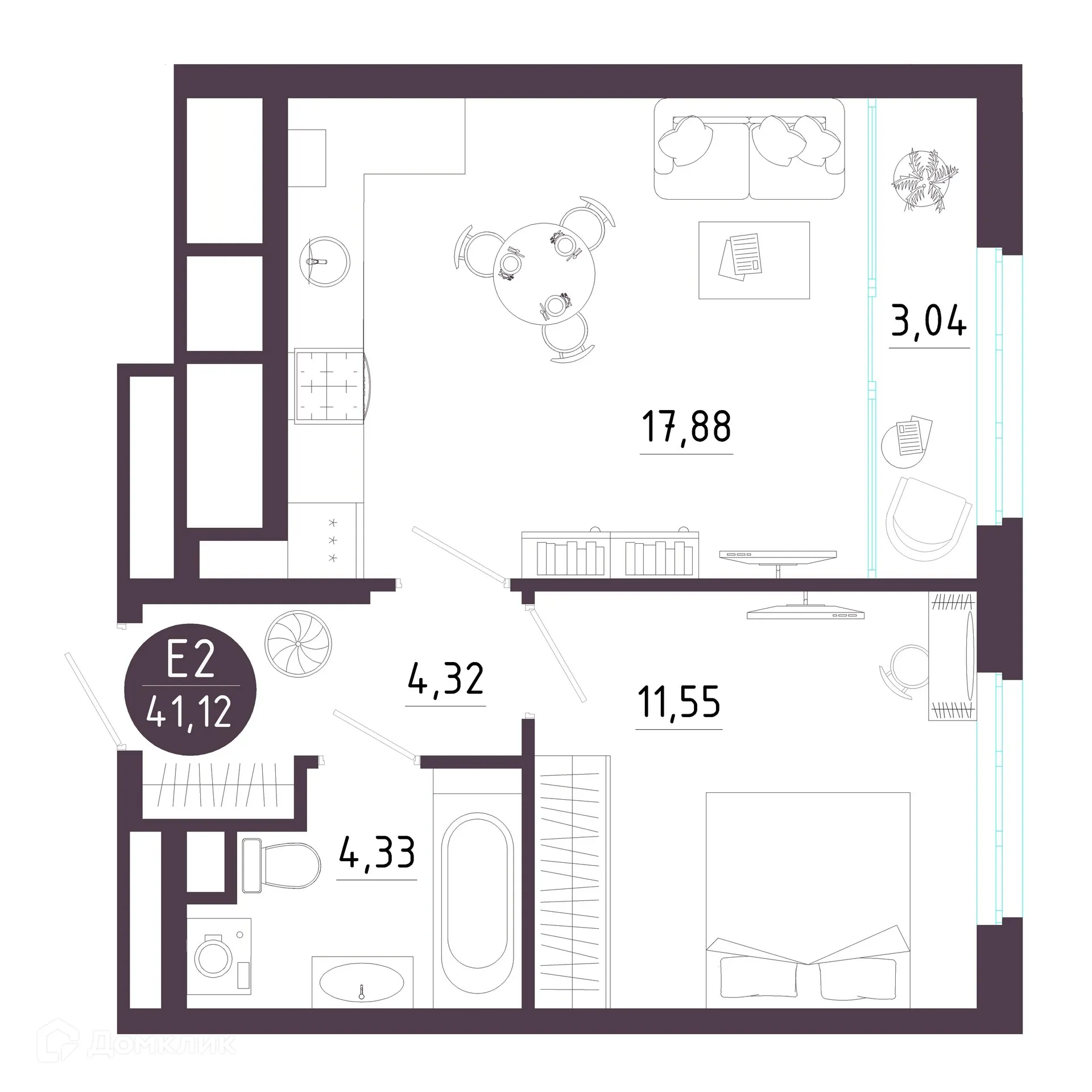 Планировка 1-комнатной квартиры 41.12 м² в ЖК Крылья, г. Рязань — фото 1