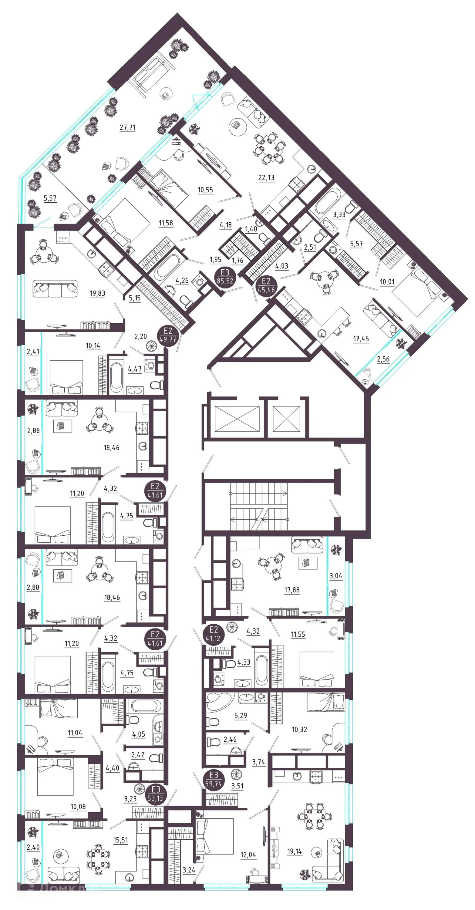 Планировка 2-комнатной квартиры 53.13 м² в ЖК Крылья, г. Рязань — фото 31