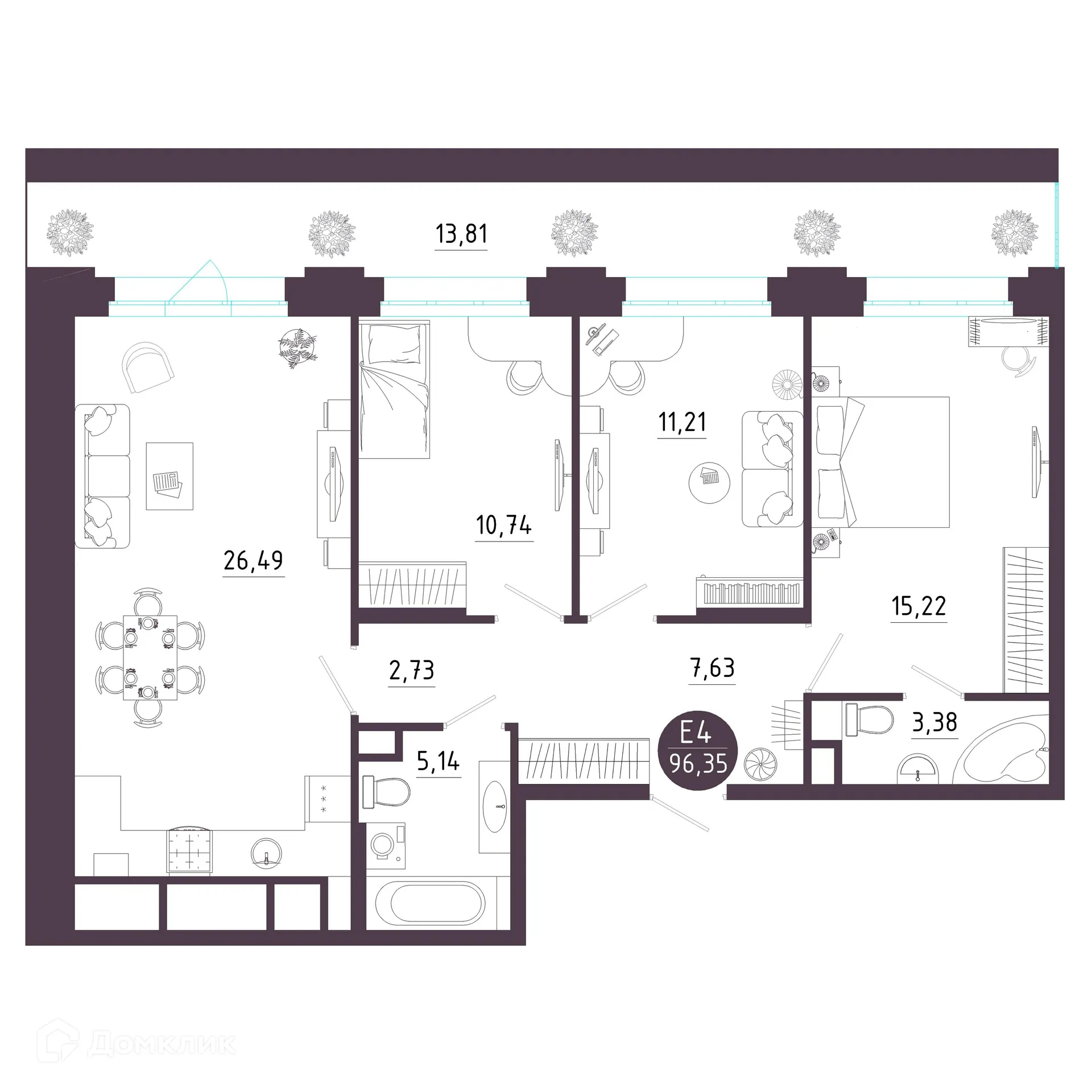Планировка 3-комнатной квартиры 96.35 м² в ЖК Крылья, г. Рязань — фото 16