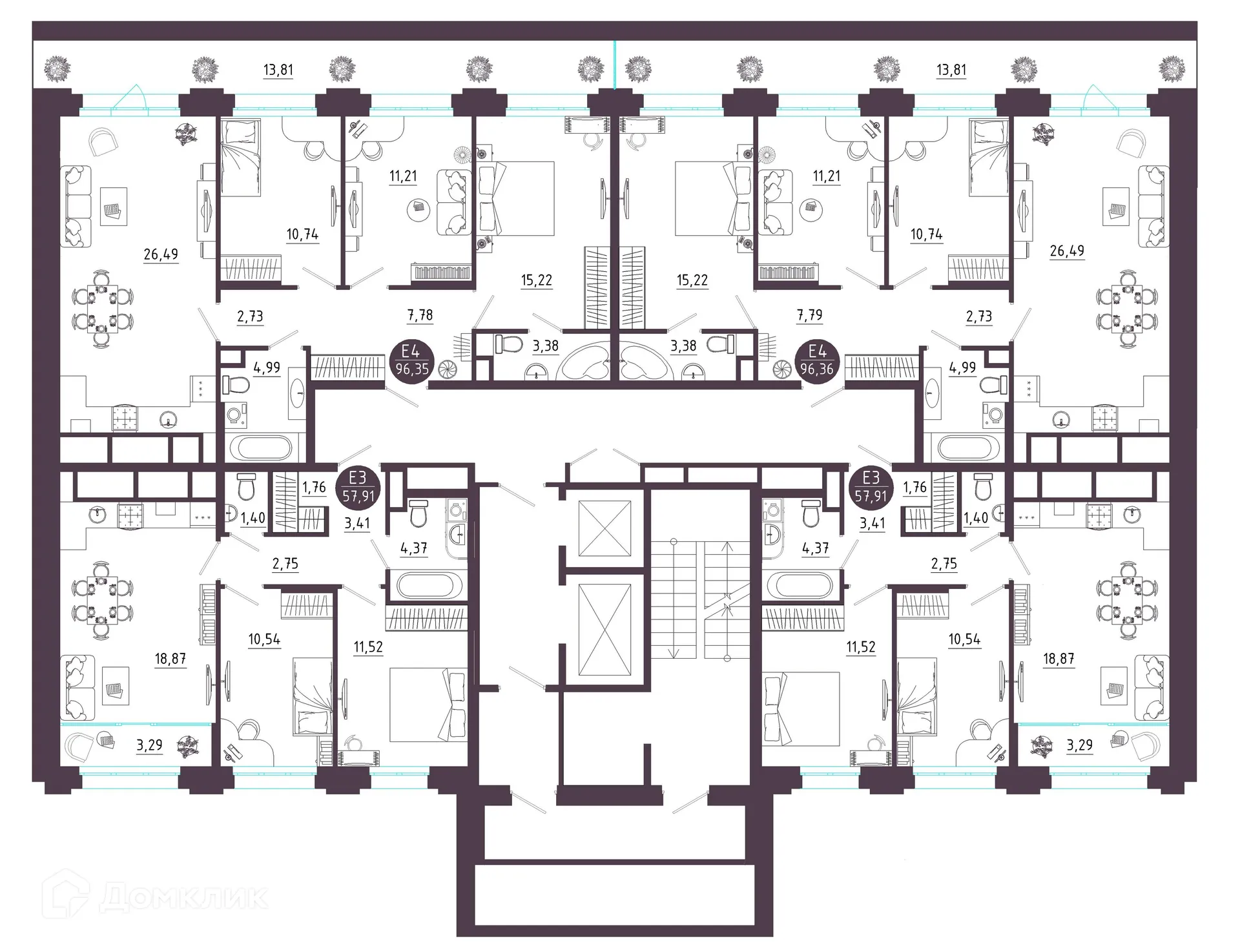 Планировка 3-комнатной квартиры 96.35 м² в ЖК Крылья, г. Рязань — фото 17