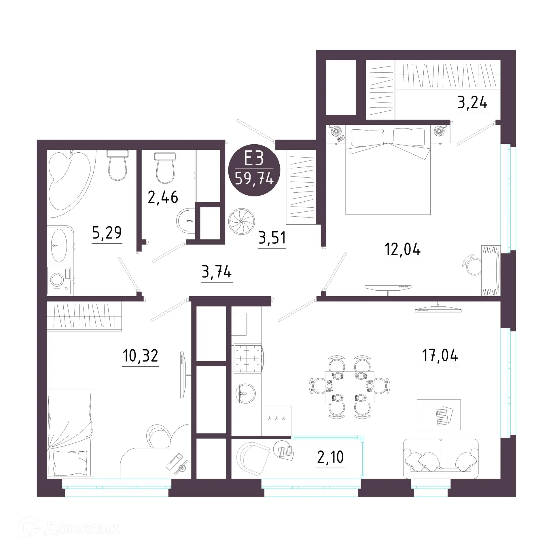 Планировка 2-комнатной квартиры 59.74 м² в ЖК Крылья, г. Рязань — фото 1