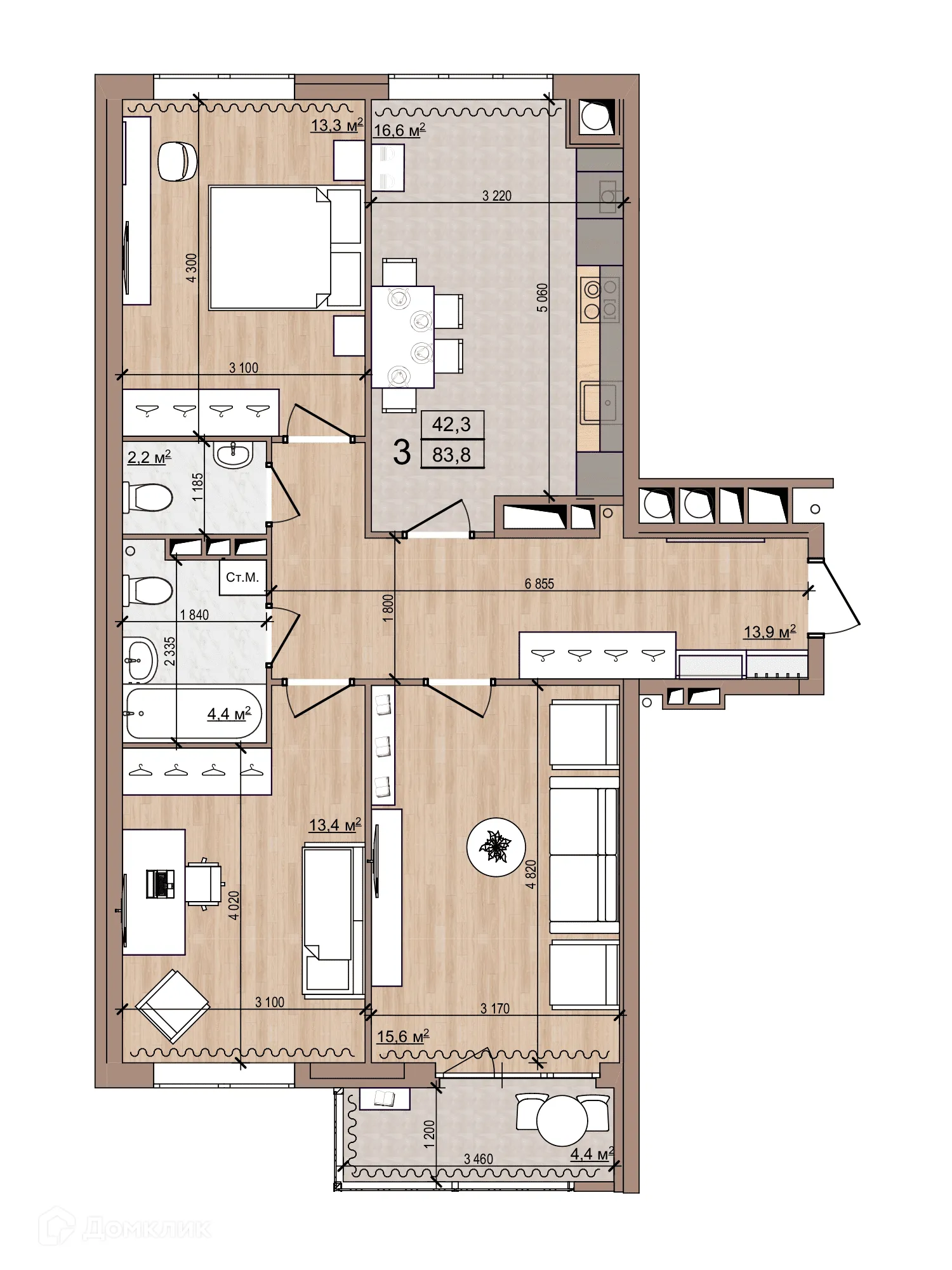Планировка 3-комнатной квартиры 83.8 м² в ЖК Skyline (Скайлайн), г. Рязань — фото 1